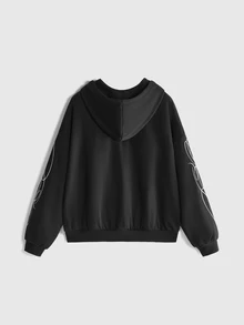 ROMWE Autumn/Winter Streetwear Plus Size Loose Fit Open Front Hooded Sweatshirt With Floral Slogan Print - Black - View 2