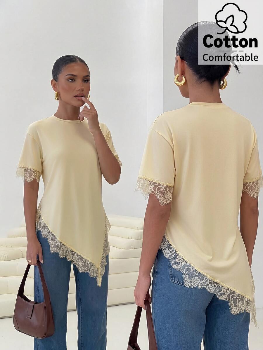 Firerie Women's French Lace Patchwork Asymmetrical Hem Cotton Blend Comfortable Versatile T-Shirt - Light Yellow - View 1