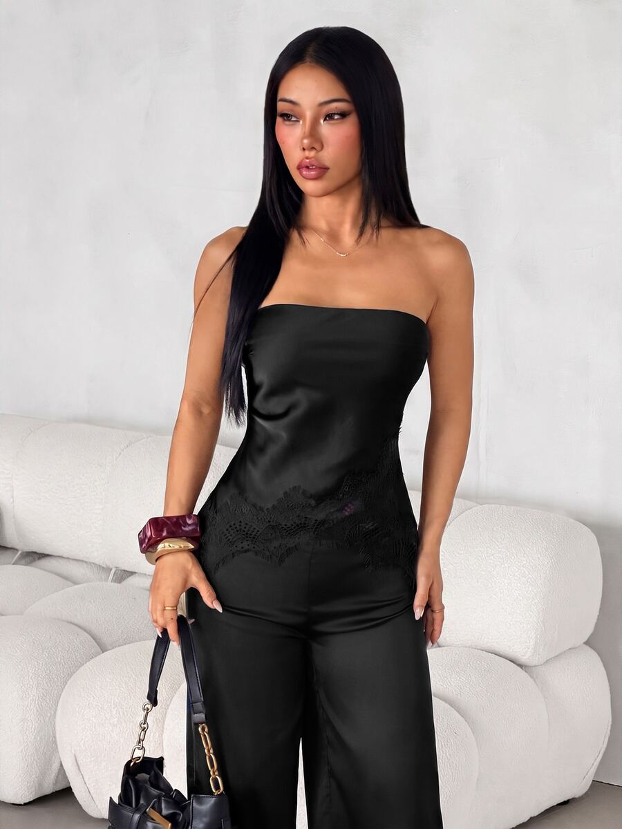 SHEIN PETITE Women's Satin & Lace Patchwork Bandeau Top And Long Pants 2 Pieces Set - Black - View 1