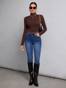 SHEIN Tall 簡約純色修身高領黑色上衣，適合秋冬，高個女性穿著 - 摩卡棕 - 查看 4