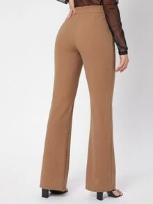 SHEIN Tall 女款素色休閒百搭喇叭針織長褲 - 卡其色 - 查看 2