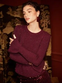 Arave 女款極地抓絨面料修身珠飾設計優雅約會毛衣 - 酒紅色 - 查看 4