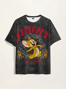 TOM & JERRY X SHEIN 男士字母印花圓領短袖休閒T恤 - 白色 - 查看 3