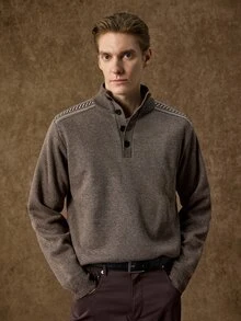 Manfinity CityGents Men's Autumn/Winter Half-Open Neckline Shoulder-Fit Knit Pullover Sweater - Coffee Brown - View 7