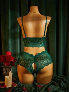 SpicyHot Sexy Lace Plus Size Lingerie Set (Wireless Triangle Panties) 2pcs - Dark Green - View 2