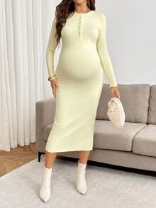 SHEIN Đầm bầu ôm dáng thanh lịch màu trơn, cổ tròn, tay dài, vạt trước cài nút nửa ngực, mùa thu - Màu vàng - Xem 5