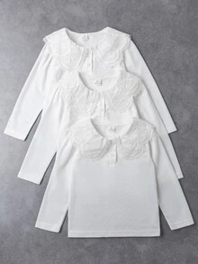 Elladie kids 女童白色 3 件組長袖 Polo 衫，彼得領配精緻愛心鈕扣，基本純色修身長袖 T 恤，適合返校季 - 白色 - 查看 3