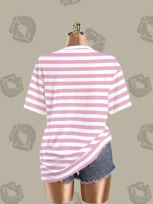 Betty Boop x SHEIN Plus Size Women's Striped Letter Cartoon Print Casual Daily Short Sleeve T-Shirt - White - View 8