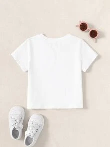 LOONEY TUNES X SHEIN تي شيرت كاجوال برقبة دائرية وأكمام قصيرة بطبعة كرتونية وحروف للفتاة الصغيرة - أبيض - مشاهدة 2