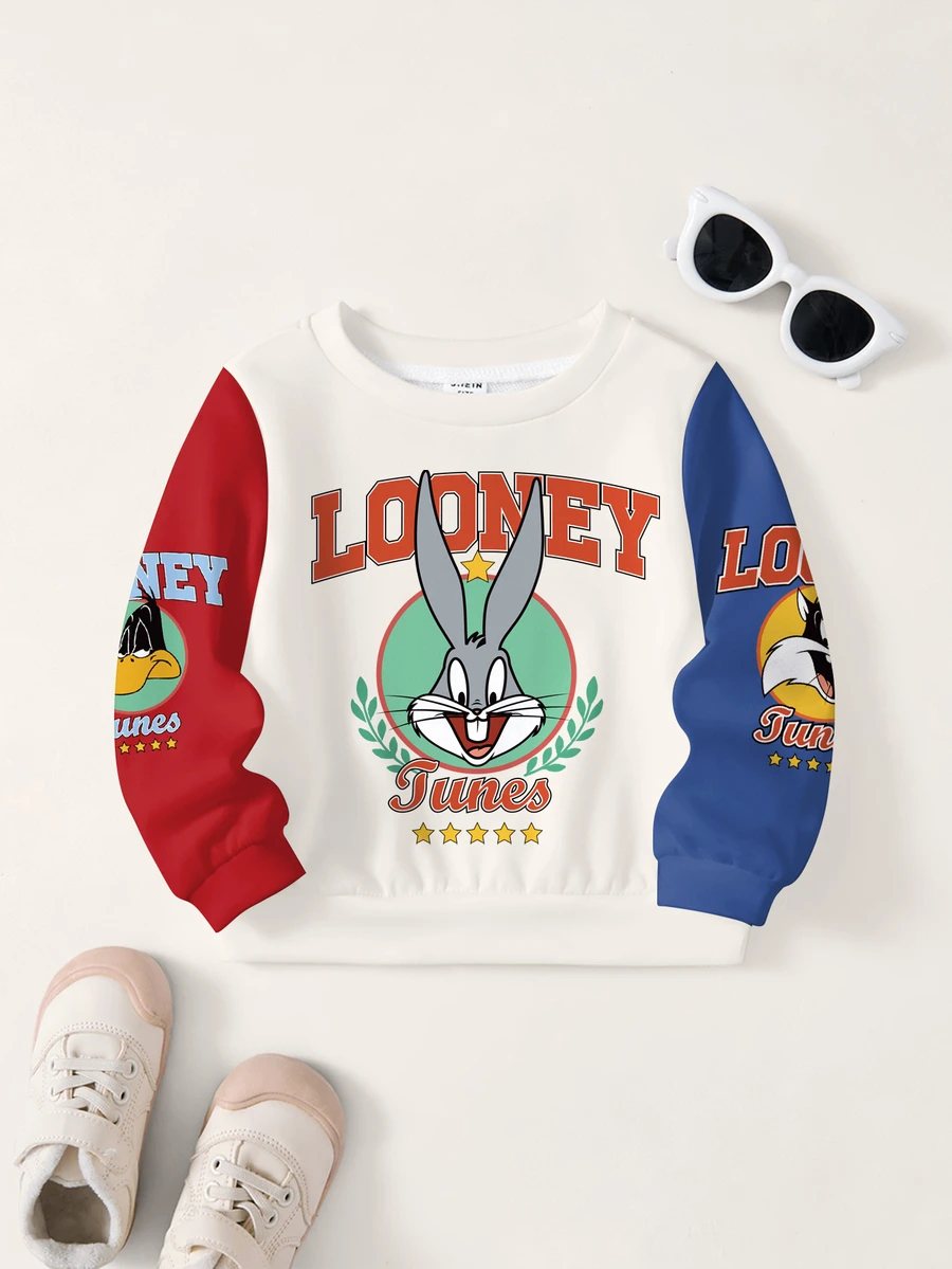 LOONEY TUNES X SHEIN Baby Boy Letter Cartoon Pattern Casual Daily Long Sleeve Sweatshirt - White - View 1