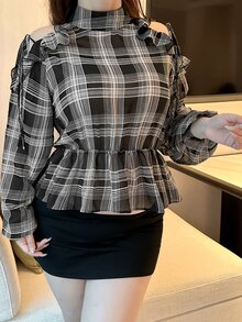 Dazy Plus Early Autumn New Korean Style Plaid Collar Tie Waist Cold Shoulder Blouse - Black - View 6