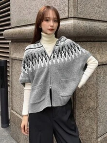 FRIFUL Women's Autumn/Winter Geometric Pattern Zipper Front Hooded Knit Vest - Grey - View 7