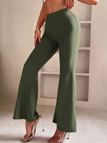 SHEIN PETITE 女款素色休閒百搭日常穿著喇叭褲 - 軍綠色 - 查看 3
