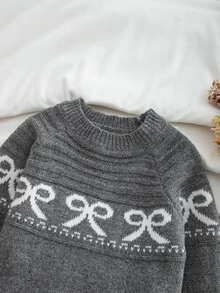 Young Girl Bow Pattern Raglan Long Sleeve Casual Knit Dress - Grey - View 3