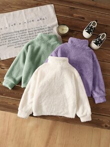 SHEIN 3件組少女純色立領半拉鍊抓絨短版運動衫套裝，雙面秋冬款，柔軟可愛毛絨 - 彩色 - 查看 2