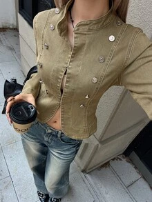 Livesso Women's Long Sleeve Double-Breasted Button Design Casual Denim Jacket - Khaki - View 5