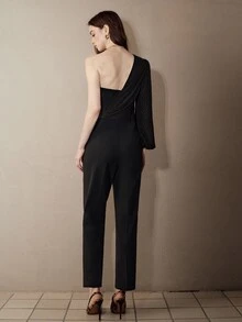 MOTF PREMIUM ONE-SHOULDER CHIFFON STRAPLESS FITTED ANKLE-LENGTH JUMPSUIT - Black - View 4