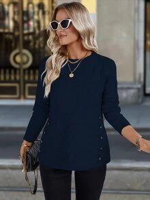 Elafinee Plain Round Neck Long Sleeve Button Embellished Simple Casual Top, Knit Pullover Fall Winter - Navy Blue - View 6