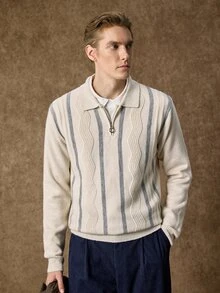 Manfinity CityGents 男士 Polo 領半拉鍊長袖套頭毛衣，休閒針織秋冬服飾，米色與白色拼接寬鬆版型通勤穿搭，直條紋與波浪圖案套頭毛衣 - 米色 - 查看 5