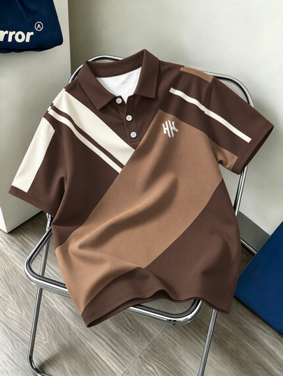 Daypath Collegiate Brown And Cream Color-Block Loose-Fit Polyester Short Sleeve Polo Shirt For Casual Streetwear