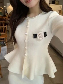 DAZY Women's French Style Button Ruffle Hem Sweater And Striped Knit Skirt 2 Pieces Set - Black and White - View 6
