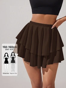 SHEIN PETITE 高腰層次下擺荷葉邊裙 - 咖啡棕 - 查看 4