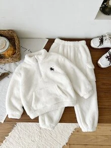 SHEIN 兒童男童 2件組休閒套裝－立領套頭連帽衛衣與保暖內裡秋季長褲，適合冬季、上學、返校，舒適套裝 - 彩色 - 查看 3