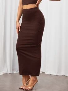 SHEIN Tall 純色鉛筆裙黑色緊身裙，適合高個女性 - 咖啡棕 - 查看 4