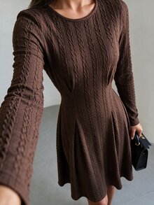 Modelyn Women Round Neck Long Sleeve Textured Midi Dress, Pleated Flared A-Line Swing Dress, Autumn Winter Elegant Slim Fit Wedding Guest & Formal Party Dress - Brown - View 7