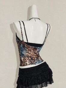 SHEIN ICON 女款豹紋透視細肩帶上衣搭配黑色蕾絲內衣 2件組 - 彩色 - 查看 6