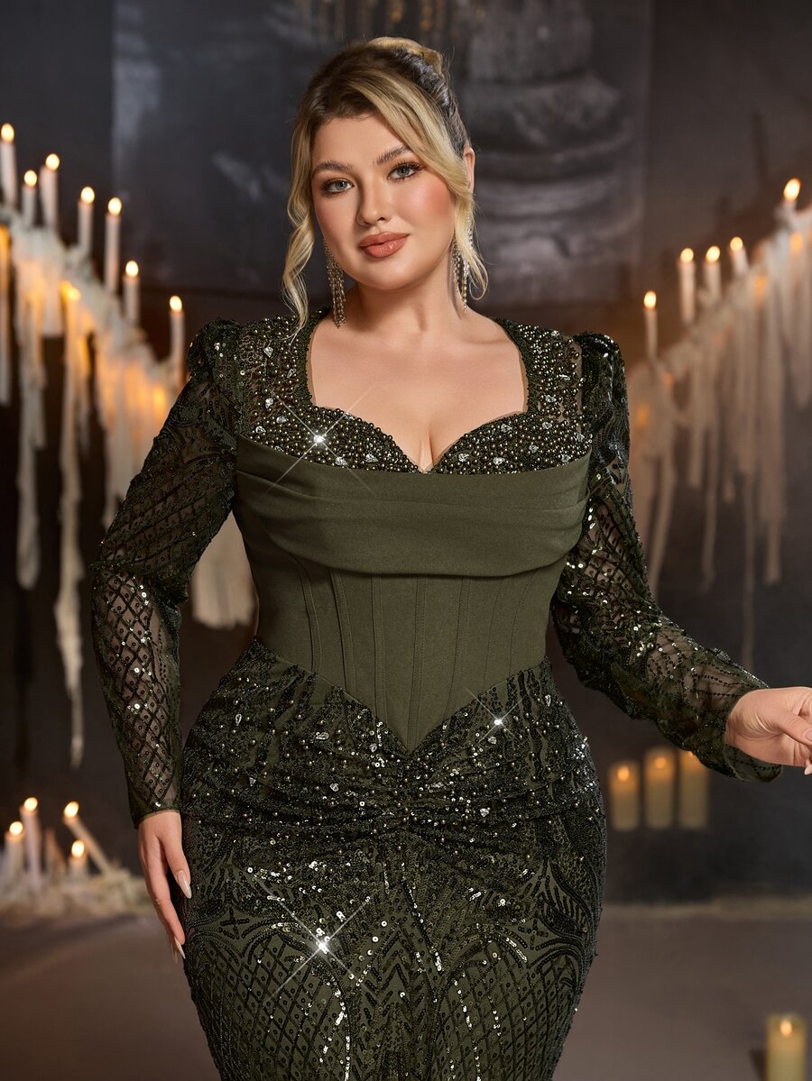 Glamrae Plus Size Army Green Luxury Beaded Sequin Patchwork Elastic Fabric Elegant Mermaid Tail Heavy Work Evening Gown - Army Green - View 1