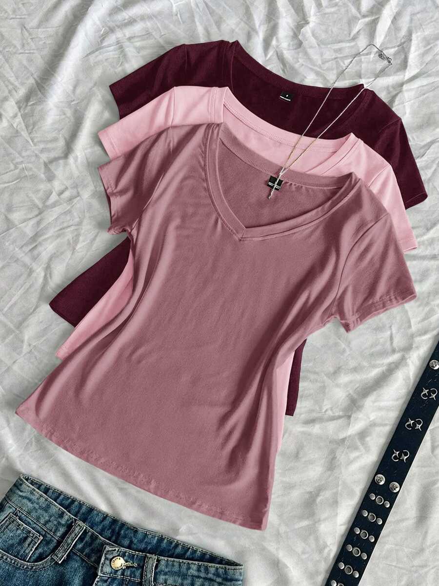SHEIN EZwear 3pcs Women's Summer V-Neck Fitted T-Shirts, Punk ...