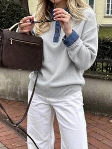 Trelyra 女款拼色休閒日常長袖針織衫 家居服 淺灰色 秋季 - 淺灰色 - 查看 4