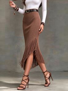 LUMIGAL Women's Vintage Frayed Hem Asymmetrical Knit Skirt - Khaki - View 3