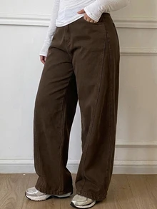 Dazy Plus Plus Size Women's Thermal Lined Thick Korean Style Versatile Loose Straight Leg Casual Denim Jeans - Brown - View 6