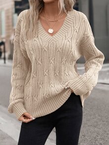 SHEIN VCAY Plus Size Women's Retro High Neck Turn Collar Pullover Sweater For Commuting - Apricot - View 6
