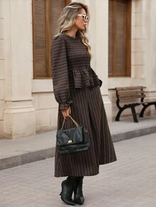 SHEIN VCAY Plus Size Women Striped Pleated Long Sleeve Top And Skirt Casual 2 Pieces Set - Brown - View 3