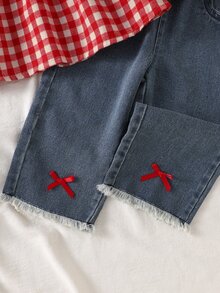 Vintaside Kids 2pcs/Set Girls Classic Plaid Top With Lantern Puff Sleeves And Blue Wide Leg Denim Jeans, Spring/Autumn - Red - View 5