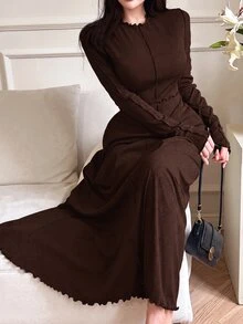 Feyla 女款純色圓領休閒優雅百搭長袖洋裝，深棕色，適合早午餐與秋季 - 棕色 - 查看 4
