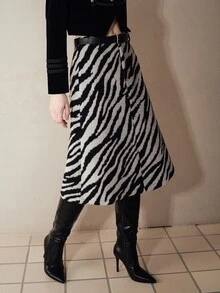 MOTF PREMIUM ZEBRA PRINT PATCHWORK PU MID-LENGTH A-LINE WOMEN'S SKIRT - Black and White - View 4