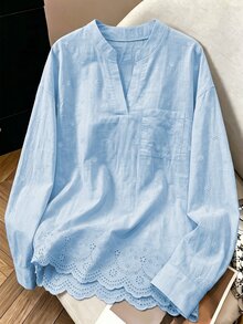 Franclia Fashionable Autumn Daily Casual Versatile Solid Color Embroidered Traceable Pure Cotton Fabric Chest Pocket Minimalist Design Loose Fit Pullover Women's Shirt - Blue - View 3