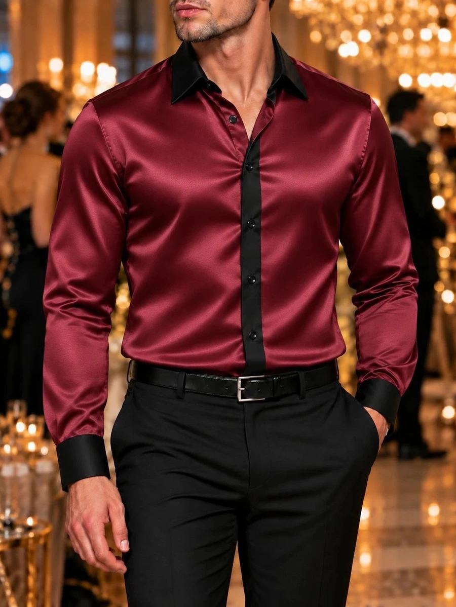 Manfinity Bizformal 男士商務休閒緞面布料設計深色拼接長袖襯衫 - 酒紅色 - 查看 1