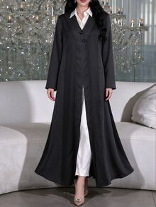 Yasmyna Contrast Color Fine Vertical Stripe Patchwork V-Neck Front Button Long Sleeve Long Arabic Robe Outerwear - Black - View 3