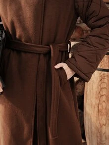 Anewsta Winter Coffee-Colored Wool Blend Patchwork Padded Long Coat With Stand Collar - Coffee Brown - View 6
