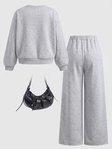 SHEIN Tween女孩蝴蝶結印花兒童針織灰色兩件套，開學季秋季休閒長袖套頭衫與寬腿運動長褲校園運動套裝 - 淺灰色 - 查看 2