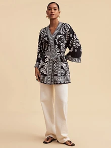 Travachic Women's All-Over Print Waist Tie Casual Versatile Long Sleeve Jacket - Black - View 6
