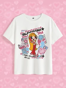THE POWERPUFF GIRLS X SHEIN Áo thun nữ cổ tròn tay ngắn in chữ hoạt hình phong cách thường ngày - trắng - Xem 7