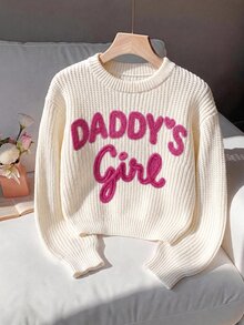 SHEIN Baby Girl Contrast Color Embroidered Letter Pattern Drop Shoulder Thick Textured Pullover Sweater Suitable For Winter - Beige - View 6