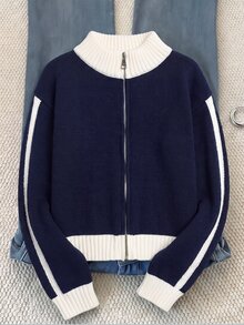 SHEIN 青少年女孩海軍藍對比色立領對比色織帶裝飾長袖開襟針織衫，學院風，運動風 - 藏蓝色 - 查看 2