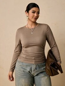 Freevana 大尺碼女款黑色長袖圓領保暖底層衣，抓皺收腰收腹T恤 - 卡其色 - 查看 4